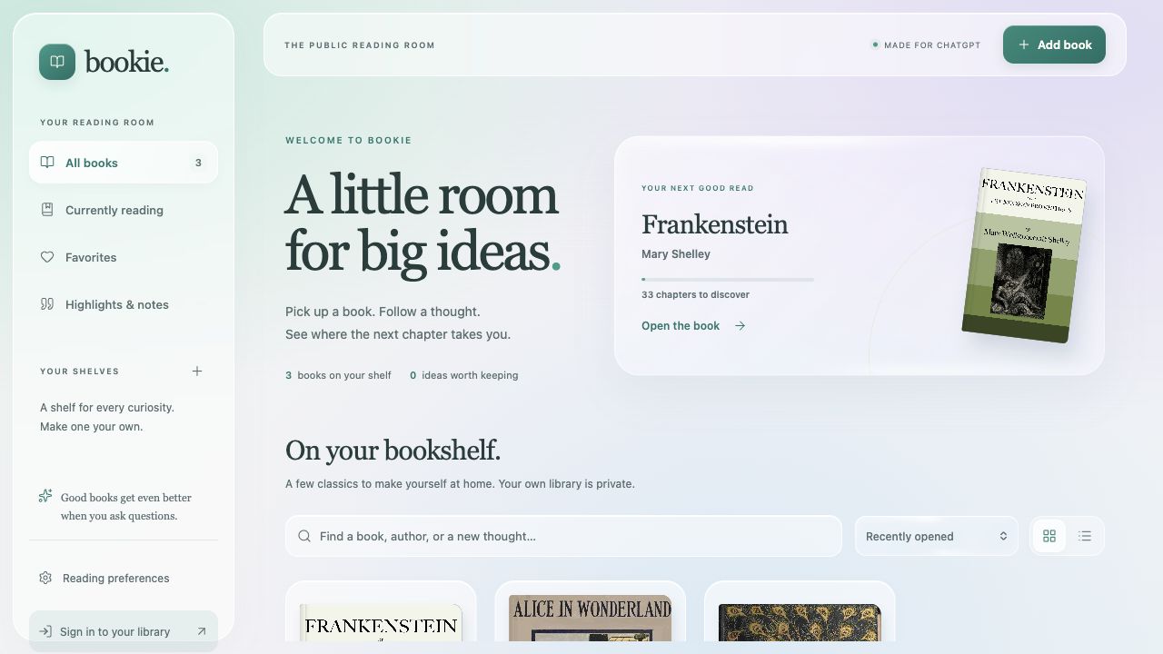 Bookie’s public reading room showing a bookshelf of Frankenstein, Alice’s Adventures in Wonderland, and Pride and Prejudice, with search and reading preferences.