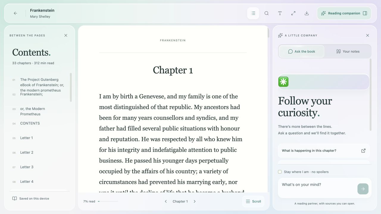 The real Bookie reader with Frankenstein’s first chapter, chapter navigation, and the reading companion’s Ask the book panel.